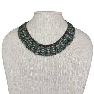 Handmade Black & Emerald Glass Beaded Choker Necklace Statement Bib Adjustable